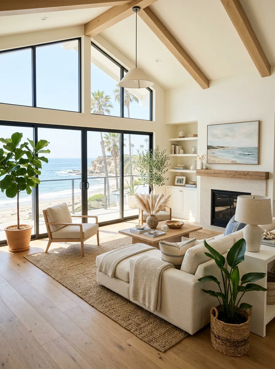 Bright coastal living room in a modern San Diego home with natural light and contemporary decor