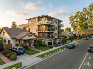 California suburban street with single family home and new apartments