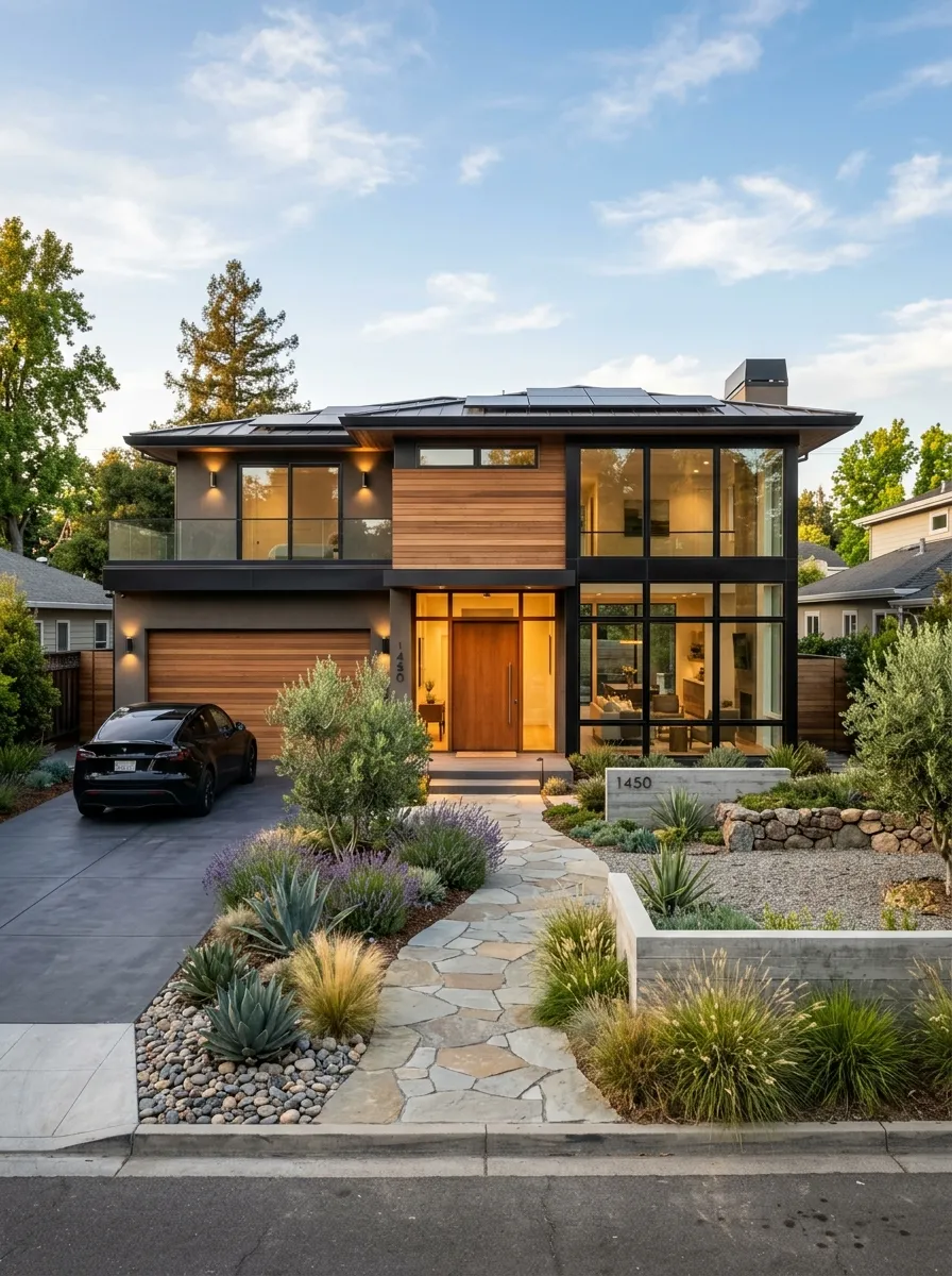 Contemporary suburban home in San Jose with modern architecture and landscaped front yard