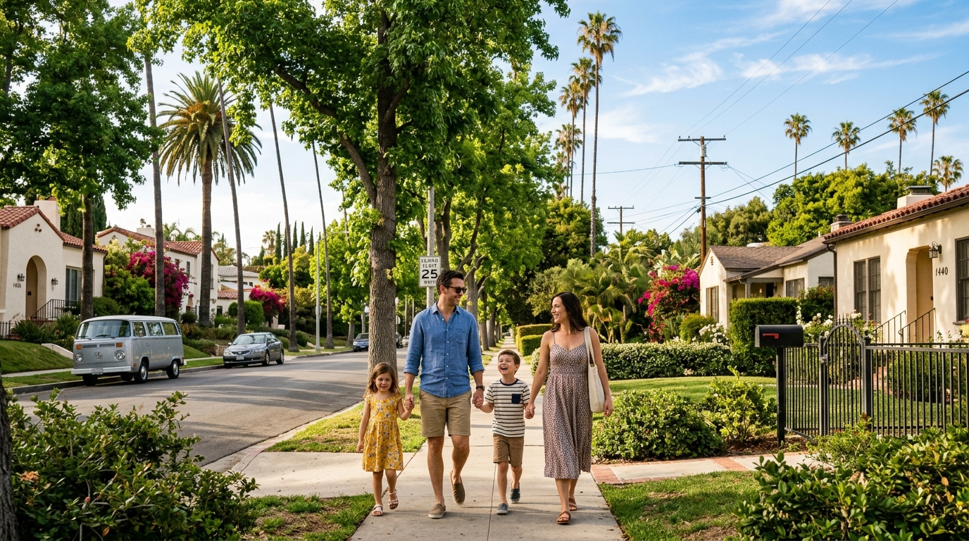Family walking in a Los Angeles residential neighborhood