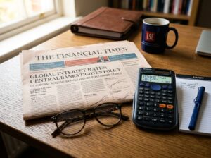 Financial desk showing mortgage interest rate figures