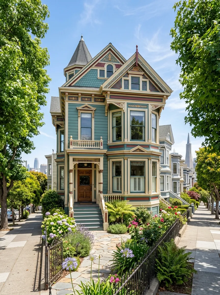 Historic Victorian home in San Francisco with colorful architecture and landscaped gardens