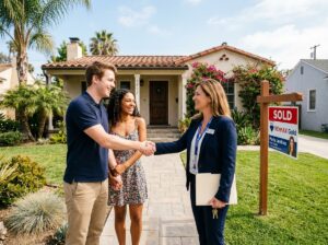 Homebuyers meeting agent in front of California house