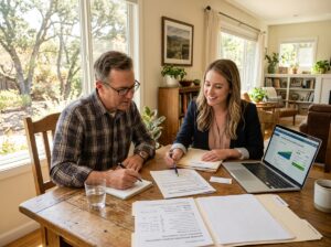Homeowner reviewing wildfire insurance discount savings