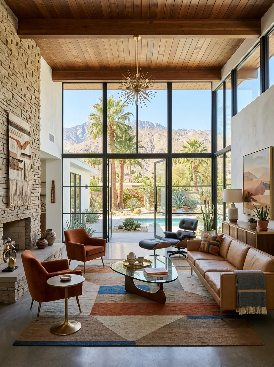 Mid-century modern living room in a Palm Springs home with desert-inspired design and mountain views