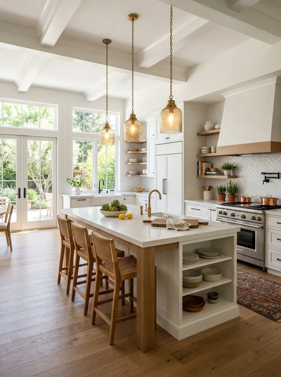 Modern farmhouse kitchen in a Sacramento home with white cabinetry and natural lighting