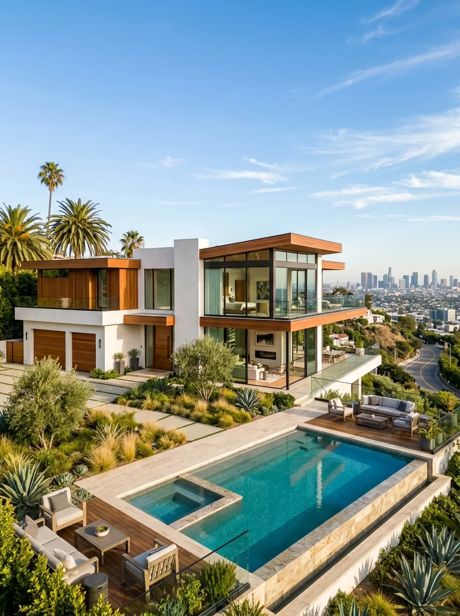 Modern luxury home in Los Angeles with palm trees and contemporary architecture