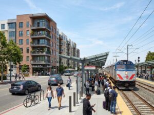 New housing beside a California commuter rail station