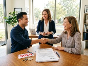 Sellers reviewing home pricing strategy with agent
