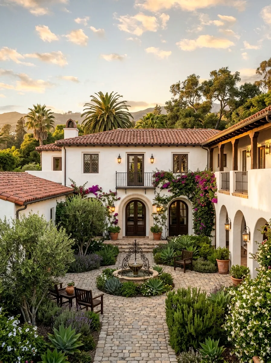 Spanish Colonial home in Santa Barbara with terracotta roof tiles and Mediterranean landscaping.